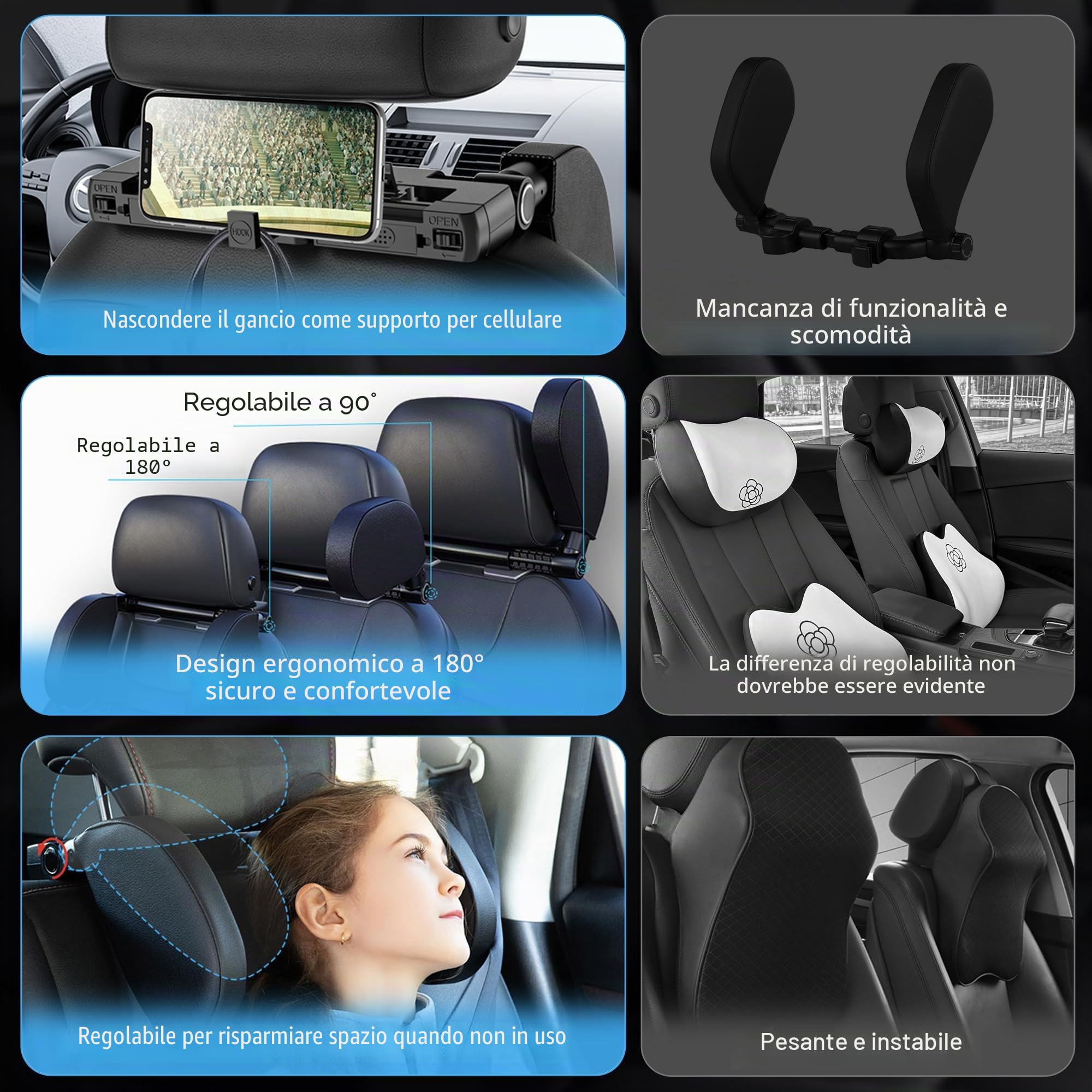 Confezione da 2 poggiatesta per auto per bambini, in pelle traspirante, regolabile a 180 gradi, per il collo, per bambini, adatti per adulti e bambini, per dormire in viaggio (confezione da 2 pezzi)