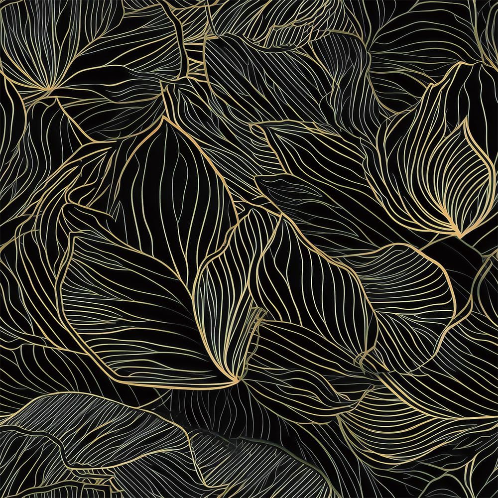 Black Leaf Gold Edge Peel and Stick Wallpaper, 17.71in x 118.1in Self-Adhesive Removable Contact Paper, Waterproof Vinyl for Bedroom, Living Room, Cabinets