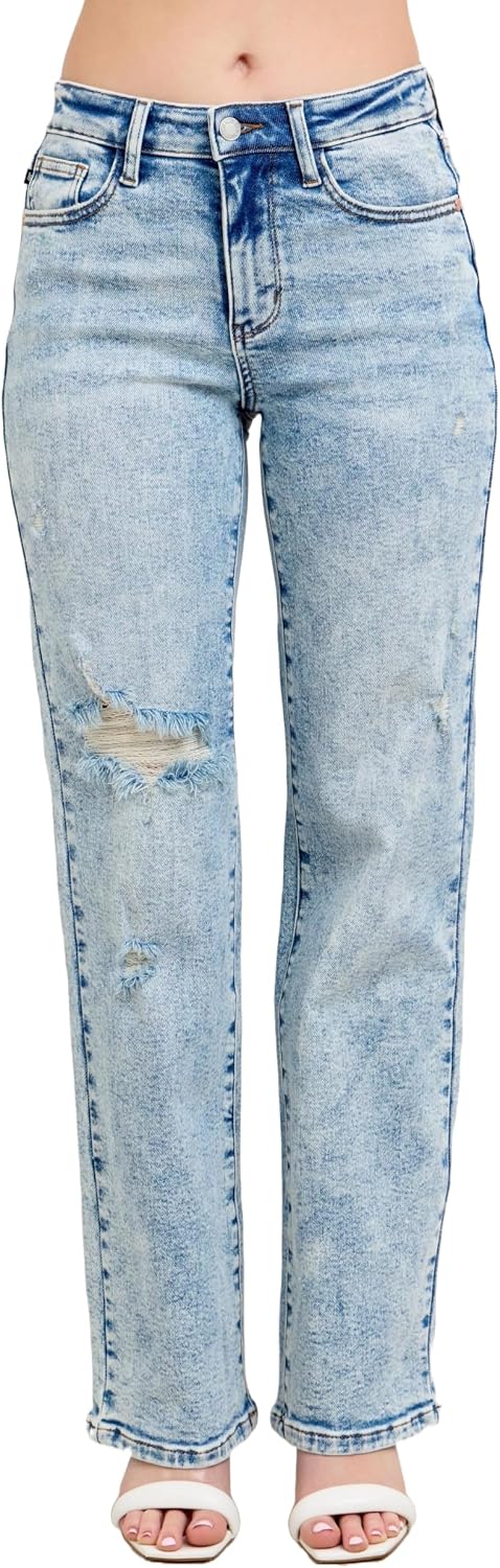 Judy Blue Women's Mineral Wash Destroy 90's Straight Jeans Plus Size