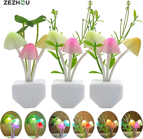ZEZHOU Paquete de 3 Luz nocturna LED con sensor, lindo cambio de color enchufable de pared LED de hongos naturaleza decoración de habitación lámpara