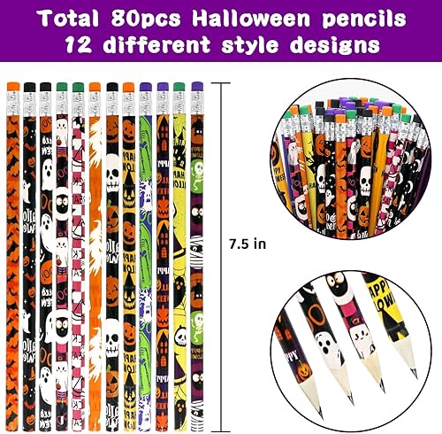 Miniatura 2 de 80 lápices de Halloween surtidos a granel con borrador, lápices de madera coloridos en diseño de Halloween, recuerdos de fiesta de Halloween para