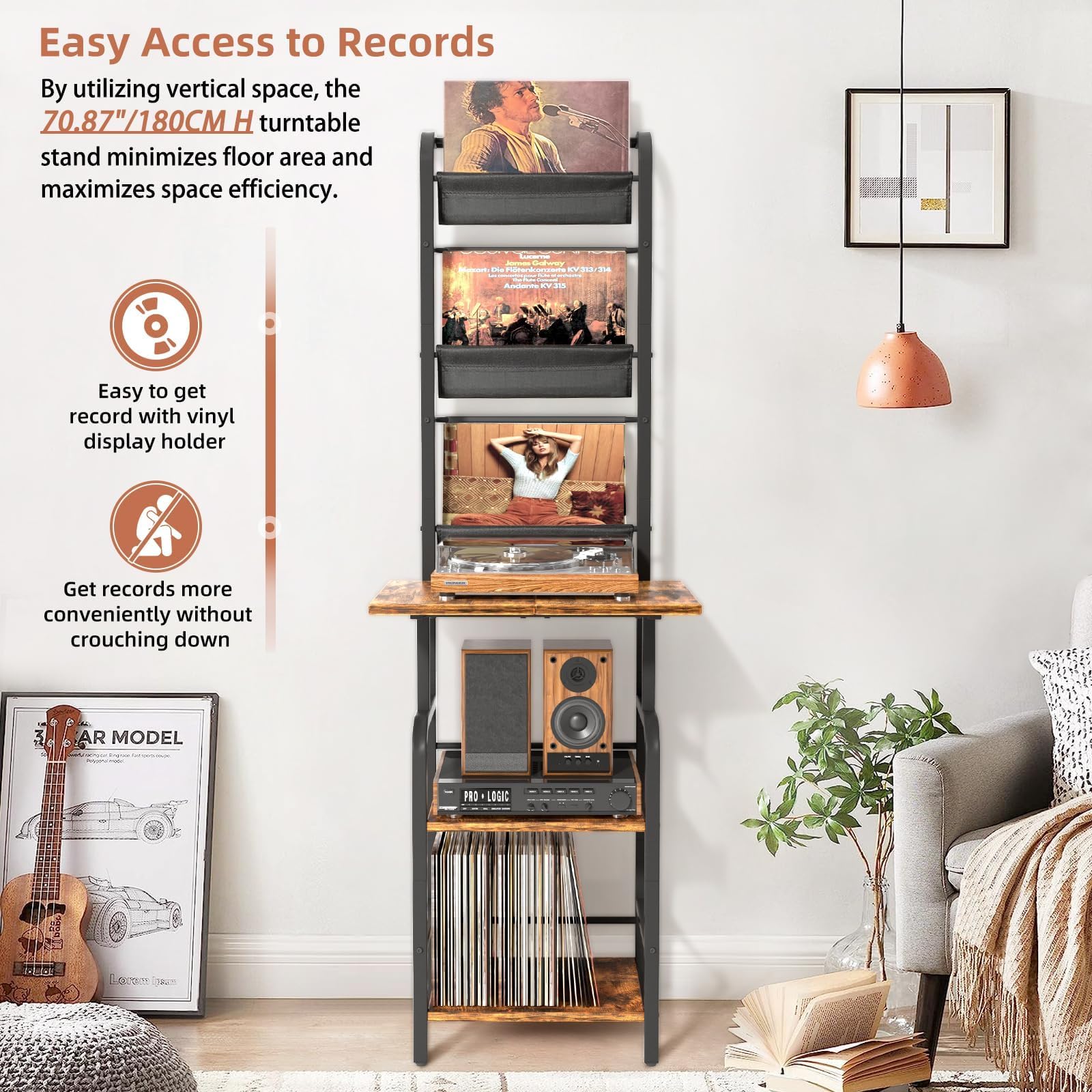 Bikoney Plattenspieler Ständer mit Schallplatten Aufbewahrung, Hoher Vinyl Regal für bis zu 200 LPs, Plattenspieler Tisch mit Wandhalterung, Vinyl Schrank für Wohnzimmer oder Schlafzimmer