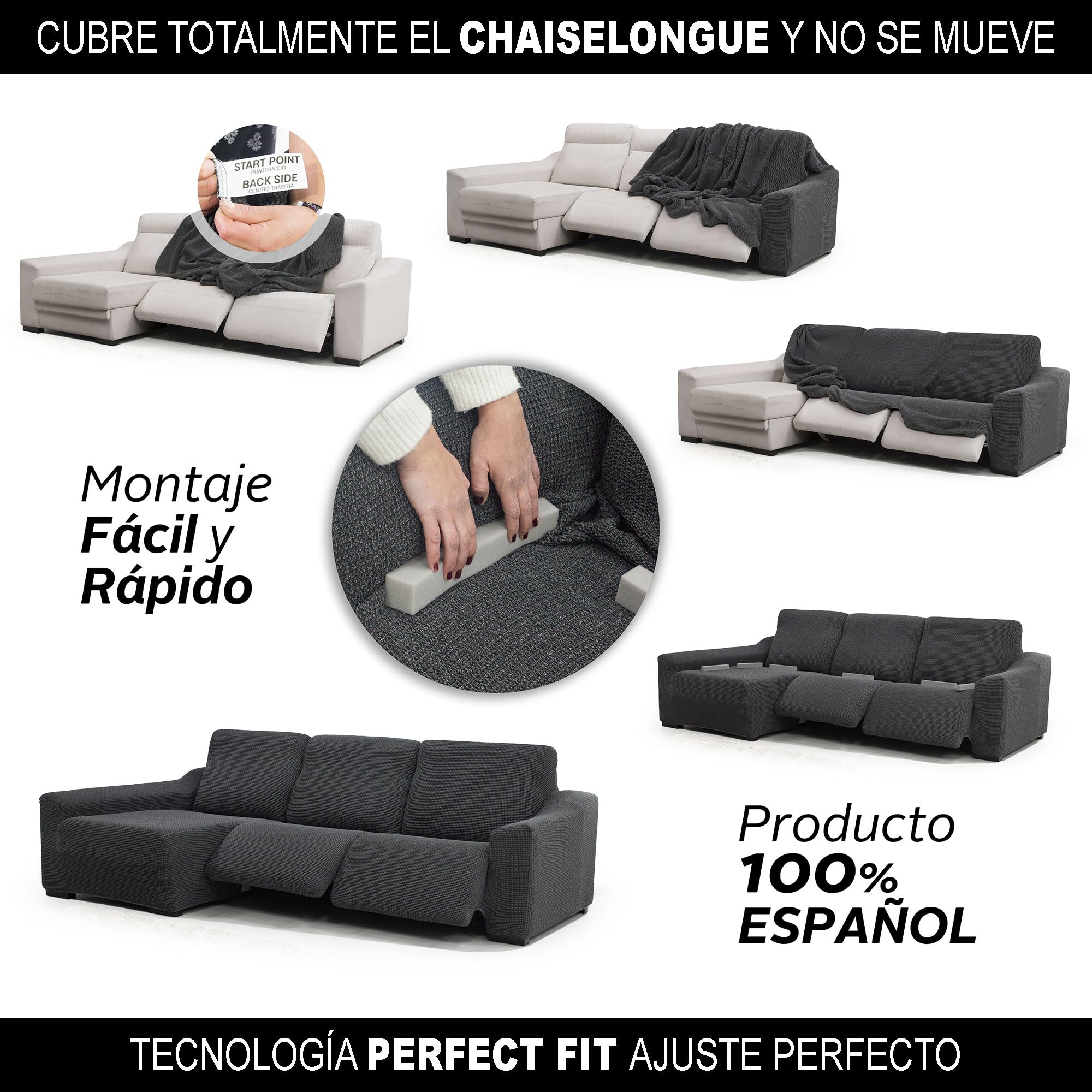 FAVERTI® Funda Chaise Longue Super Elástica Brazo Corto Izquierdo (Visto de Frente) Dos Pies | Modelo NOVELE | Lino | Protector de Calidad de Tejido Jacquard Tacto algodón