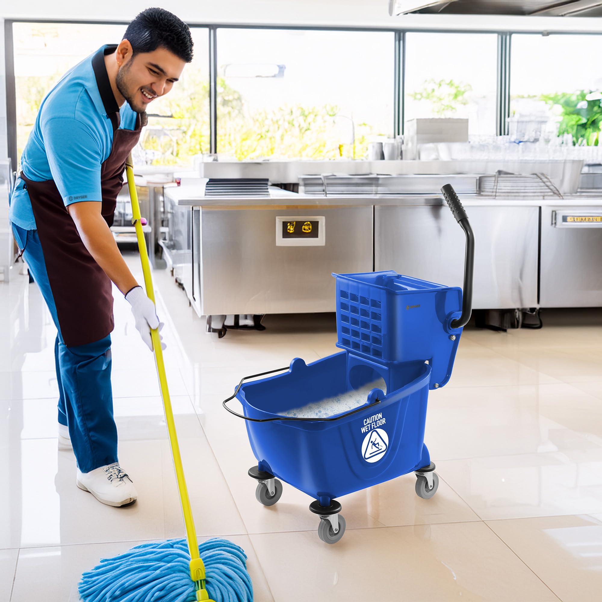 Dryser Cubo de fregona comercial con escurridor de prensa lateral, 26 cuartos de galón, azul