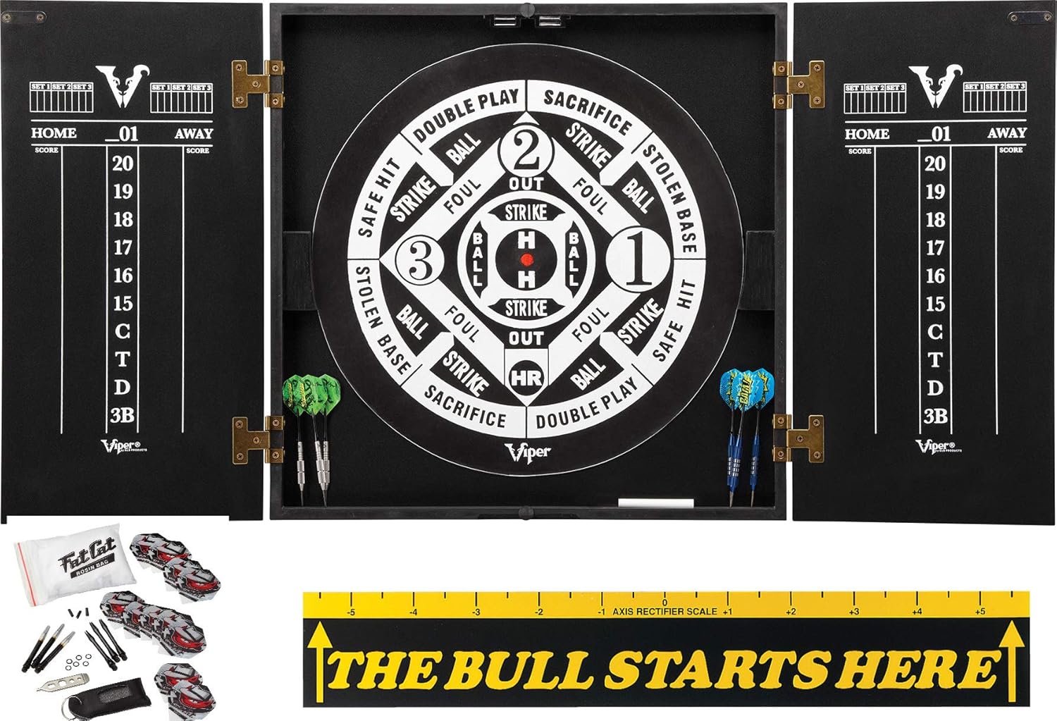 Viper Hideaway Cabinet with Coiled Paper Dartboard, The Bull Starts Here Throw Line Marker & Steel Tip Dart Accessories Kit