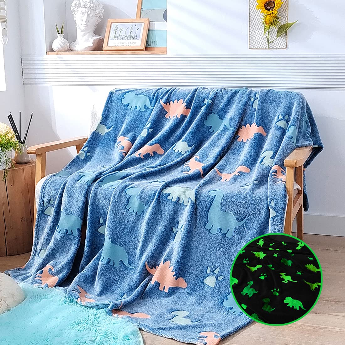 PERFEMET Glow in The Dark Dinosaur Blanket Large Size Blue Throw Blanket with Dino Pattern for Toddler Kids Boys 70x60 inches, Super Soft Plush Flannel Kids Blanket, for Dino Room Decor