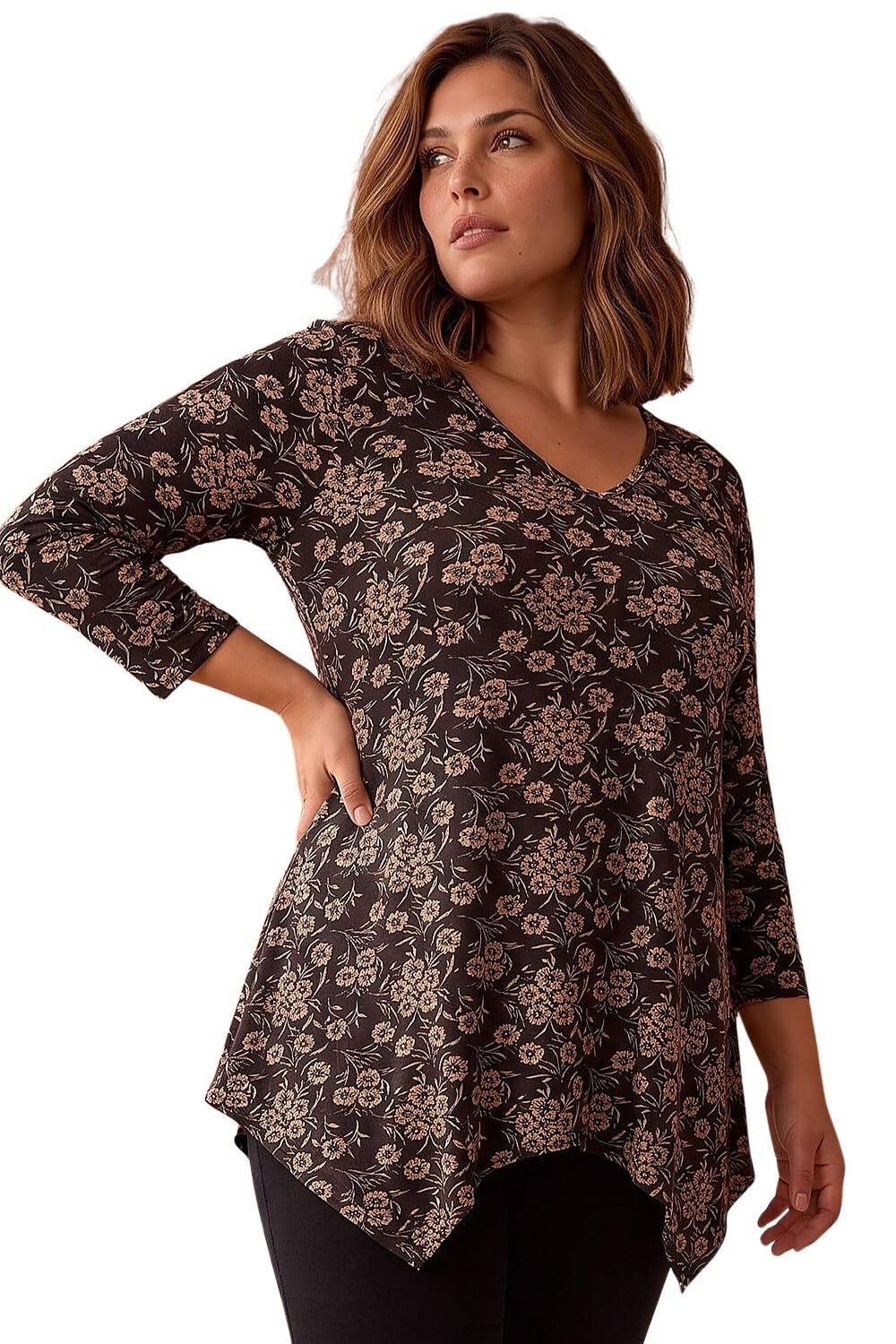 Roman Originals Women Asymmetric Top Ladies Hanky Hem Blouse Stretchy Tunic Occasion Smart Casual Summer Sprint Winter Autumn Cocktail Party Evening 3/4 Short Sleeve