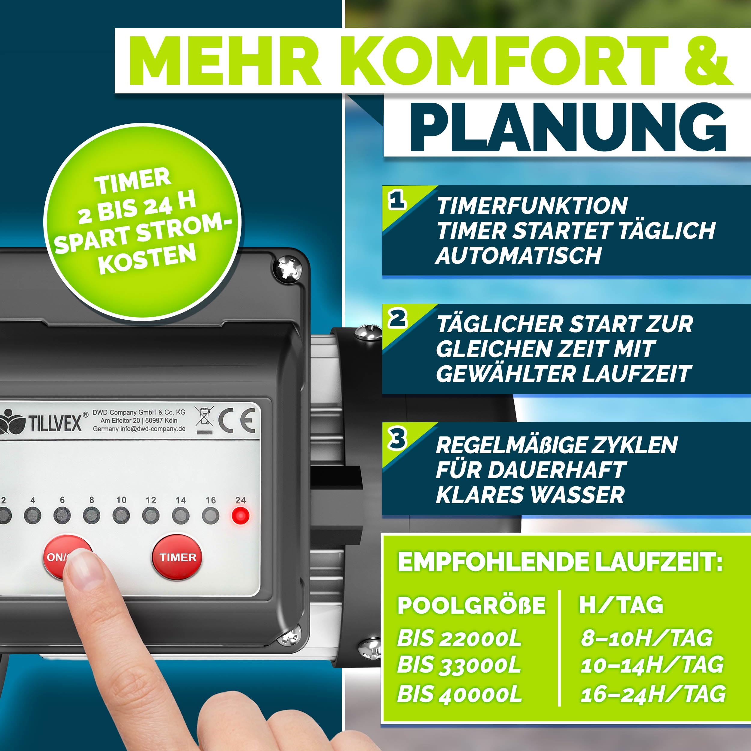 tillvex® Filterpumpe Pool mit Timer 9.500L/h & 550W | Schwimmbadpumpe Förderhöhe max. 10m | Poolfilter Umwälzpumpe für 40m³ Pools | Poolpumpe selbstansaugend für Pools Aufstellpool Spa mit Vorfilter