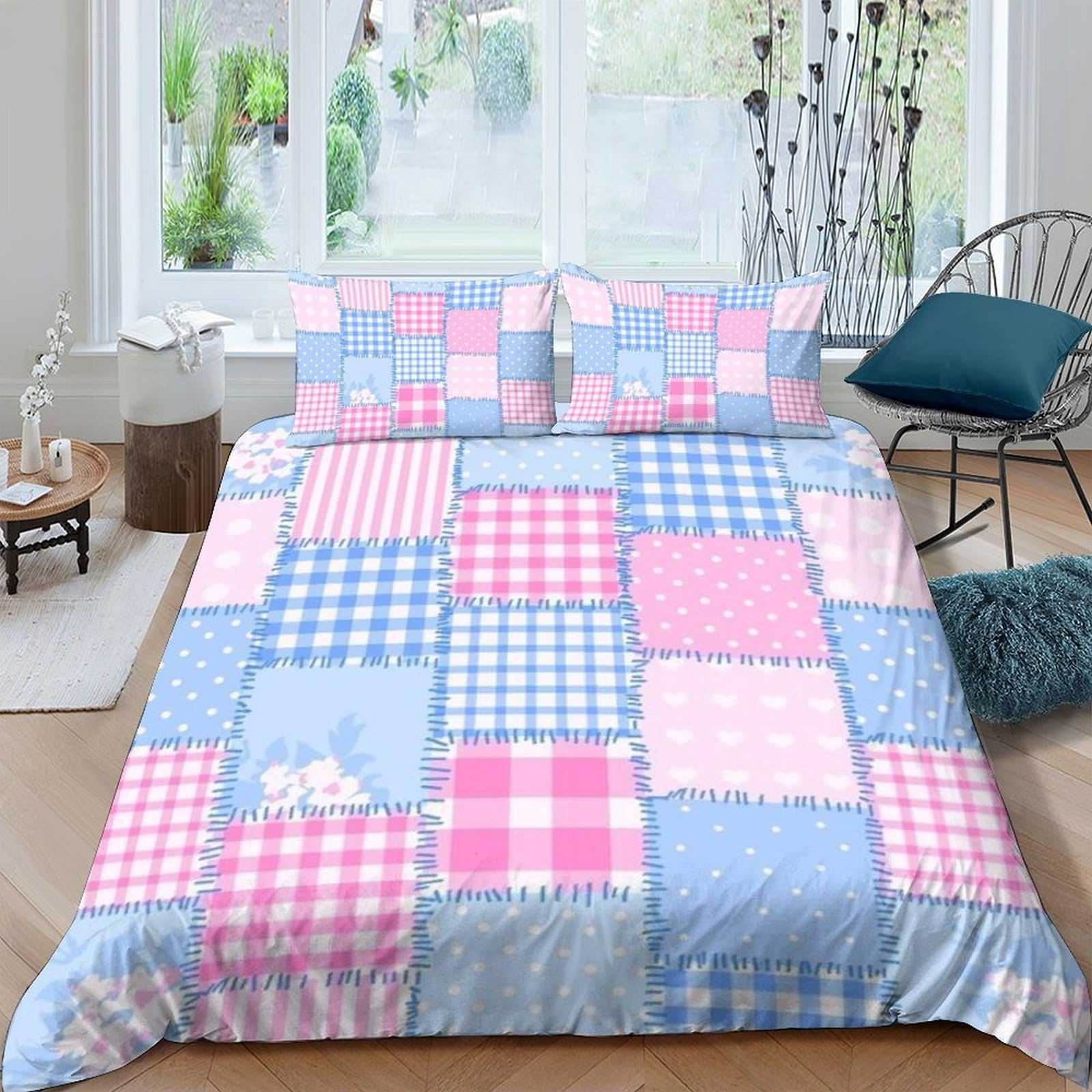 Ctjqhvkz Style-8 3D Printed Patchwork Gingham Fitted Sheet Microfiber Soft Pink Blue Checked Bed Cover Bedroom Dorm Mattress Decor Single（135X200cm）