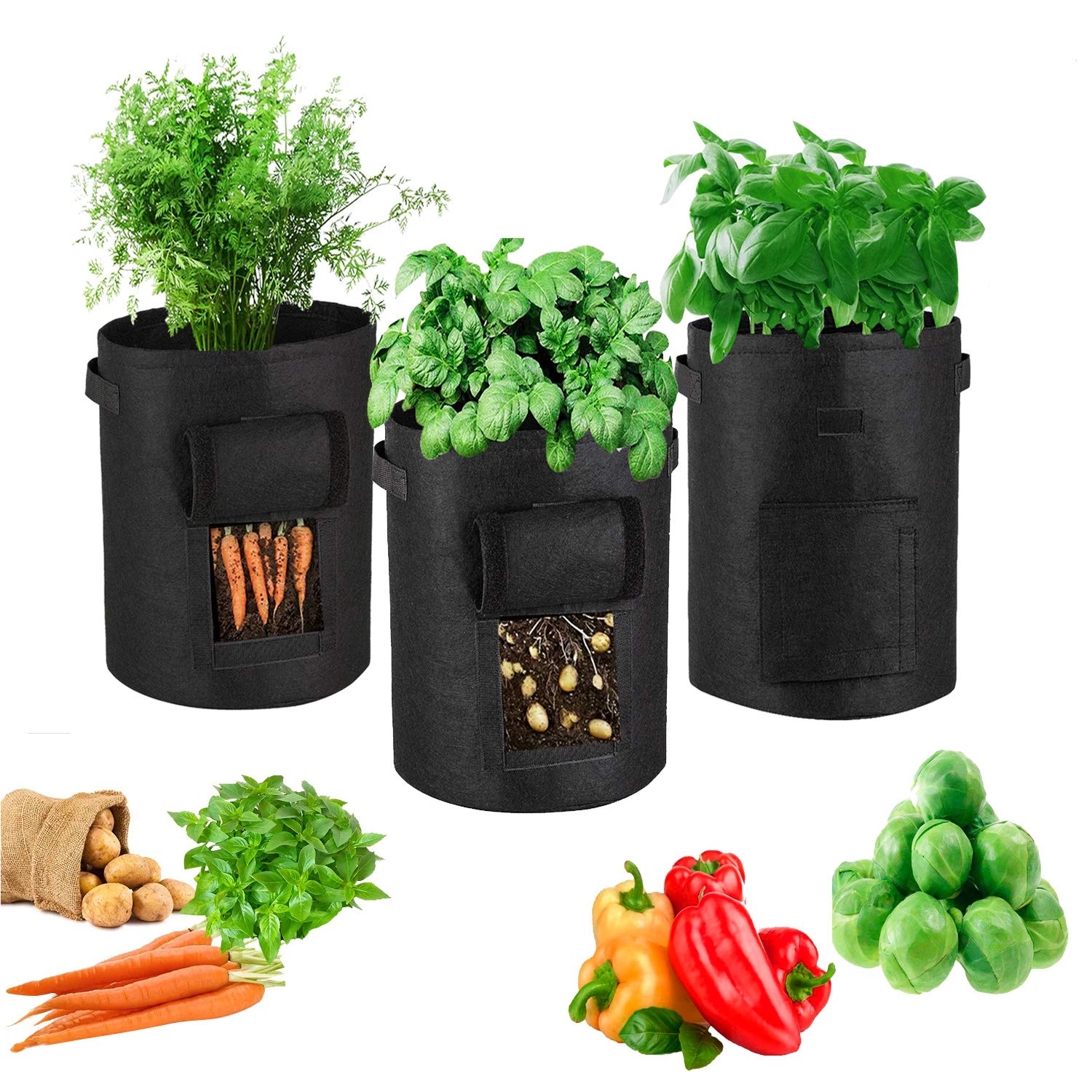 Bolsas de cultivo de patatas, macetero de cultivo de patatas de 6,5 galones, 3 paquetes, maceta con solapa y asas, bolsas de cultivo de plantas no tejidas for patatas, tomates, zanahorias y otras verd