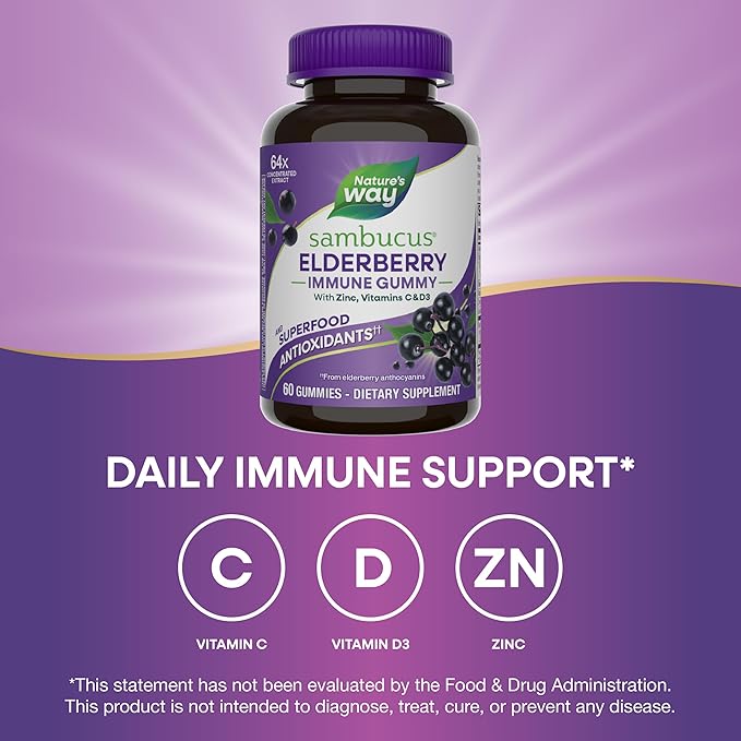Nature's Way Sambucus Elderberry Gummies, Immune Support Gummies*, Black Elderberry with Vitamin C and Zinc