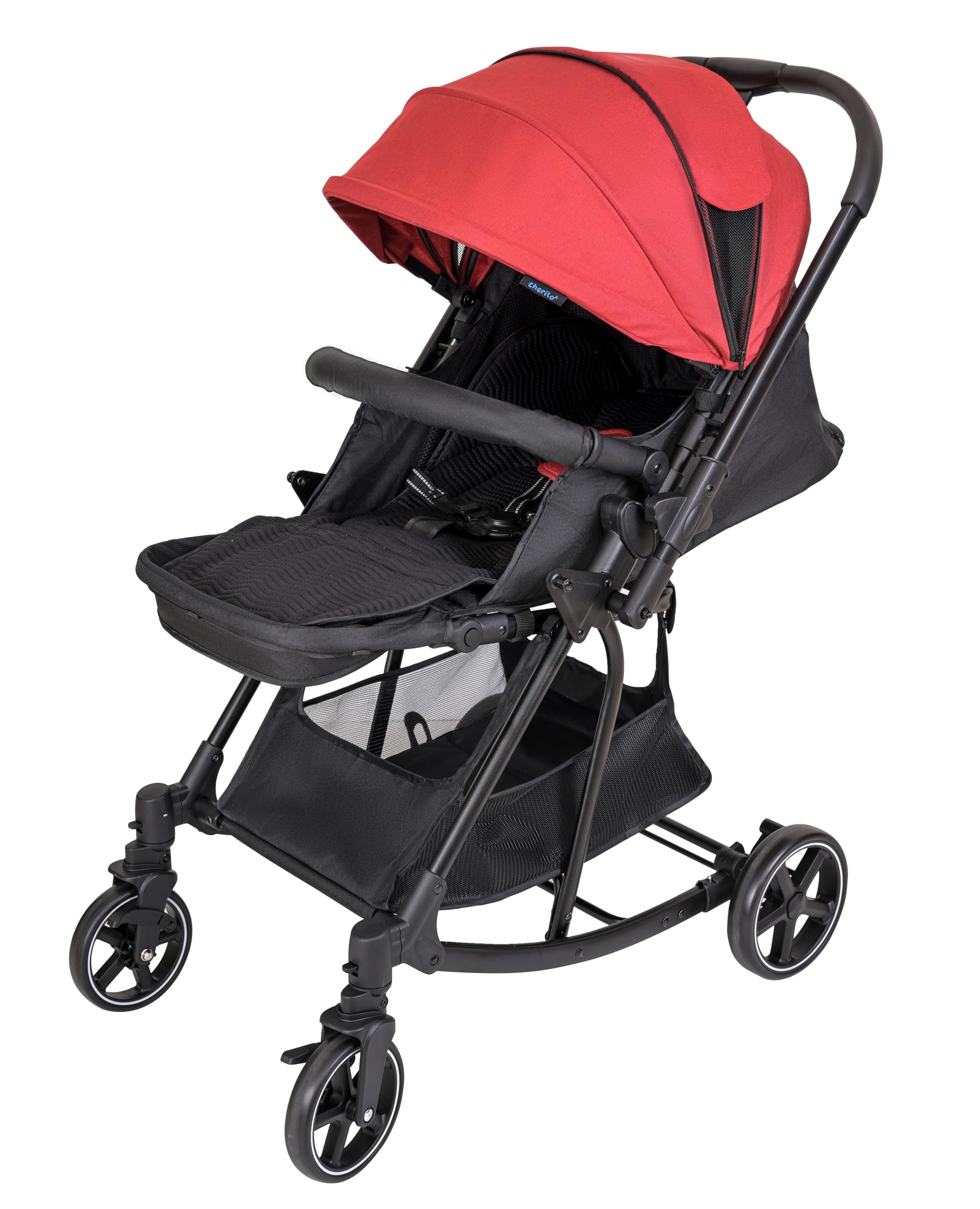 Cherilo Baby Stroller Cum Rocker with Reversible Handle, Lightweight Pram with 5-Point Safety Harness, Spacious Cushioned Seat, Multi-Level Recline, Easy Fold, for Babies 0-3 Years (Black+Red)-image-16
