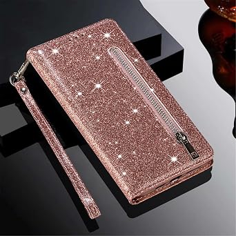 XYX Wallet Case for iPhone 16e/iPhone 17e, Luxury Glitter Zipper Purse PU Leather Flip Phone Protective Case with Wrist Strap, Rose Gold