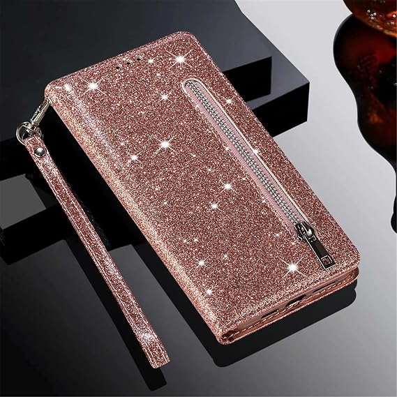 XYX Wallet Case for iPhone 16e/iPhone 17e, Luxury Glitter Zipper Purse PU Leather Flip Phone Protective Case with Wrist Strap, Rose Gold