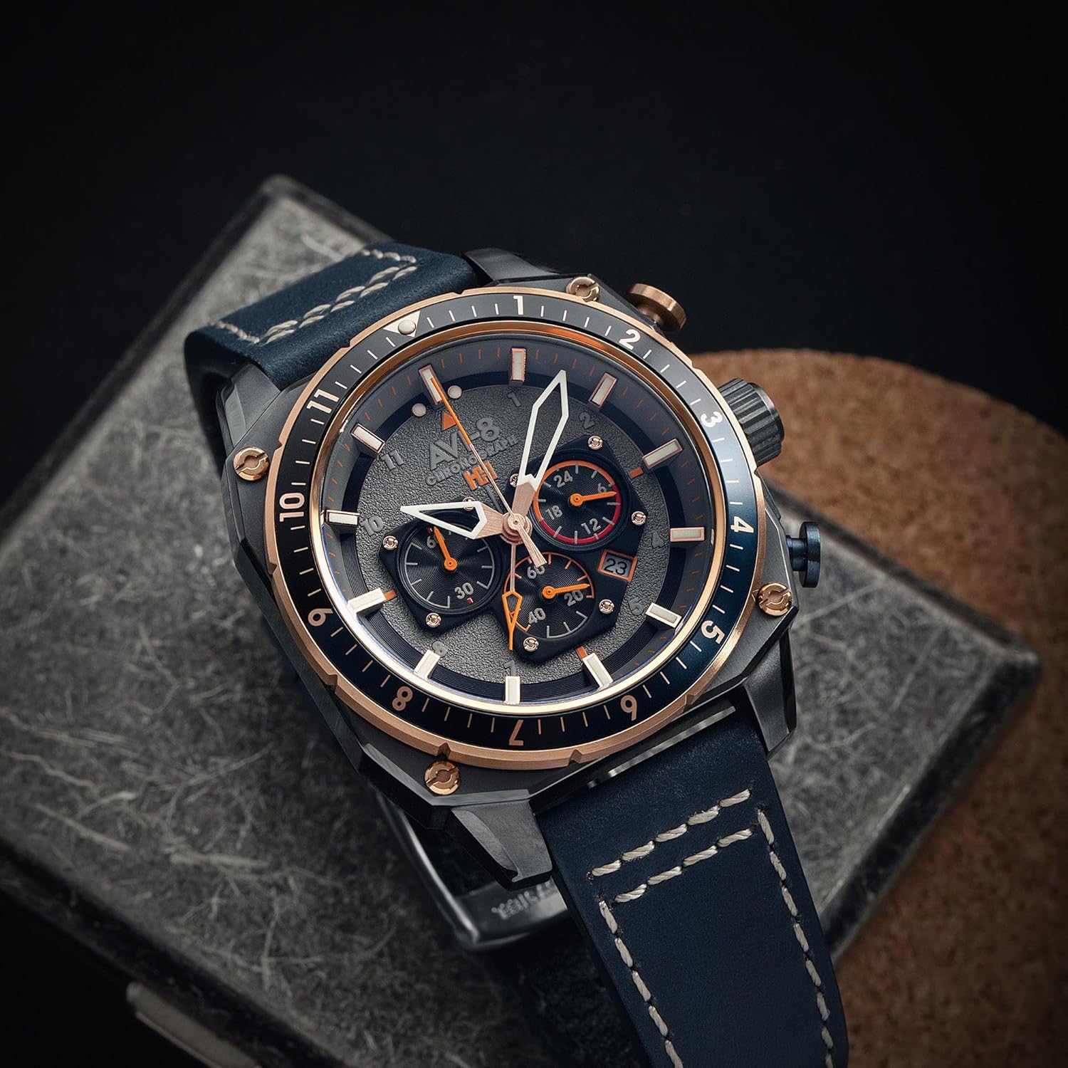 AVI-8 Hawker Hunter watch on a wrist with a brown jacket sleeve