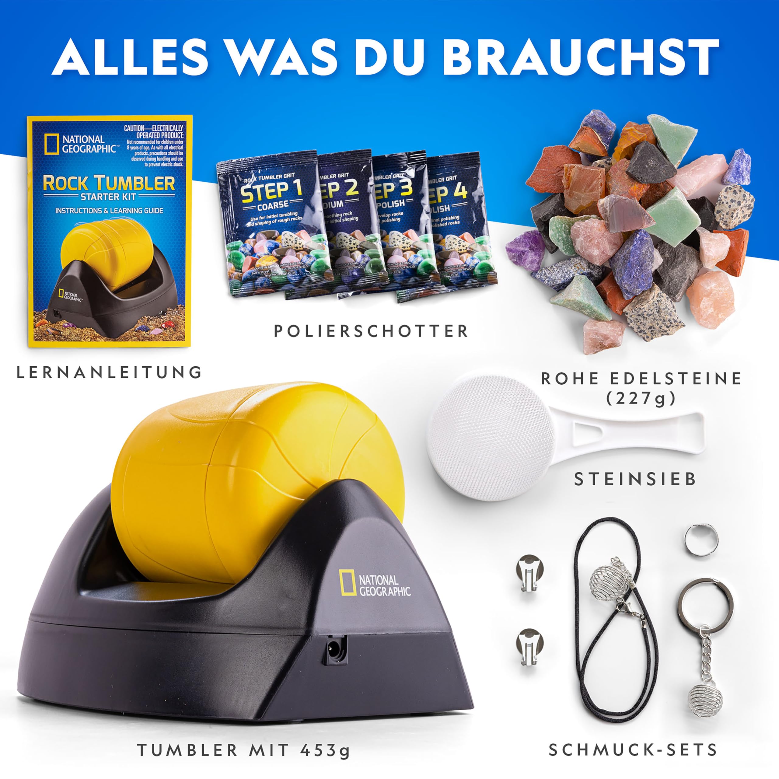 NATIONAL GEOGRAPHIC Starter Rock Metall, gummierter Schaft Tumbler Kit - Komplettes Steinpolierer-Set, langlebiger, auslaufsicherer Becher, 227 Gramm Steine, Körnung, 5 Schmuckverschlüsse