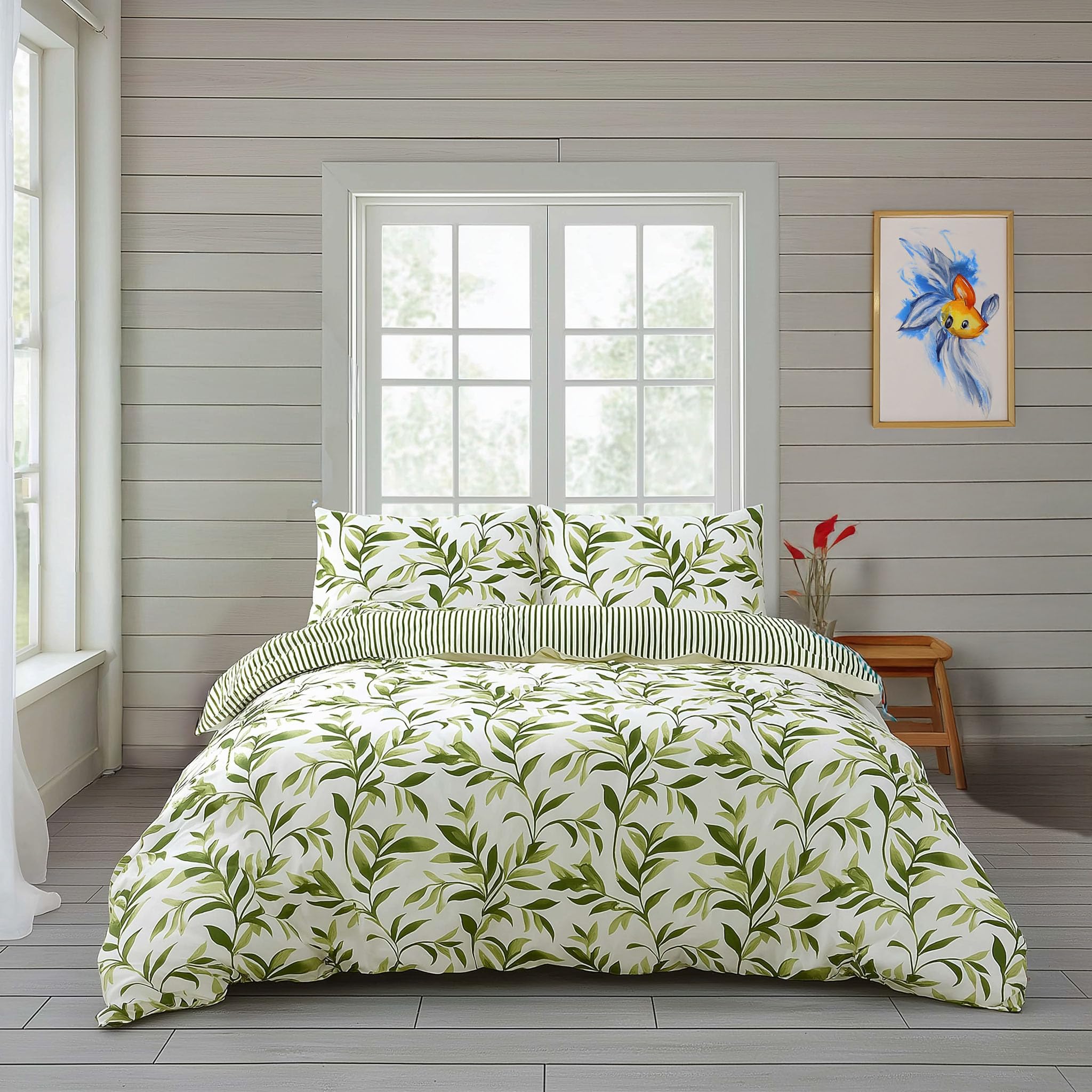 Home Sweet Home UK Super King Duvet Cover Set – Soft Polycotton, Ella Leaf & Stripe Reversible Design, Printed Bedding with Matching Pillowcase, Durable & Machine Washable