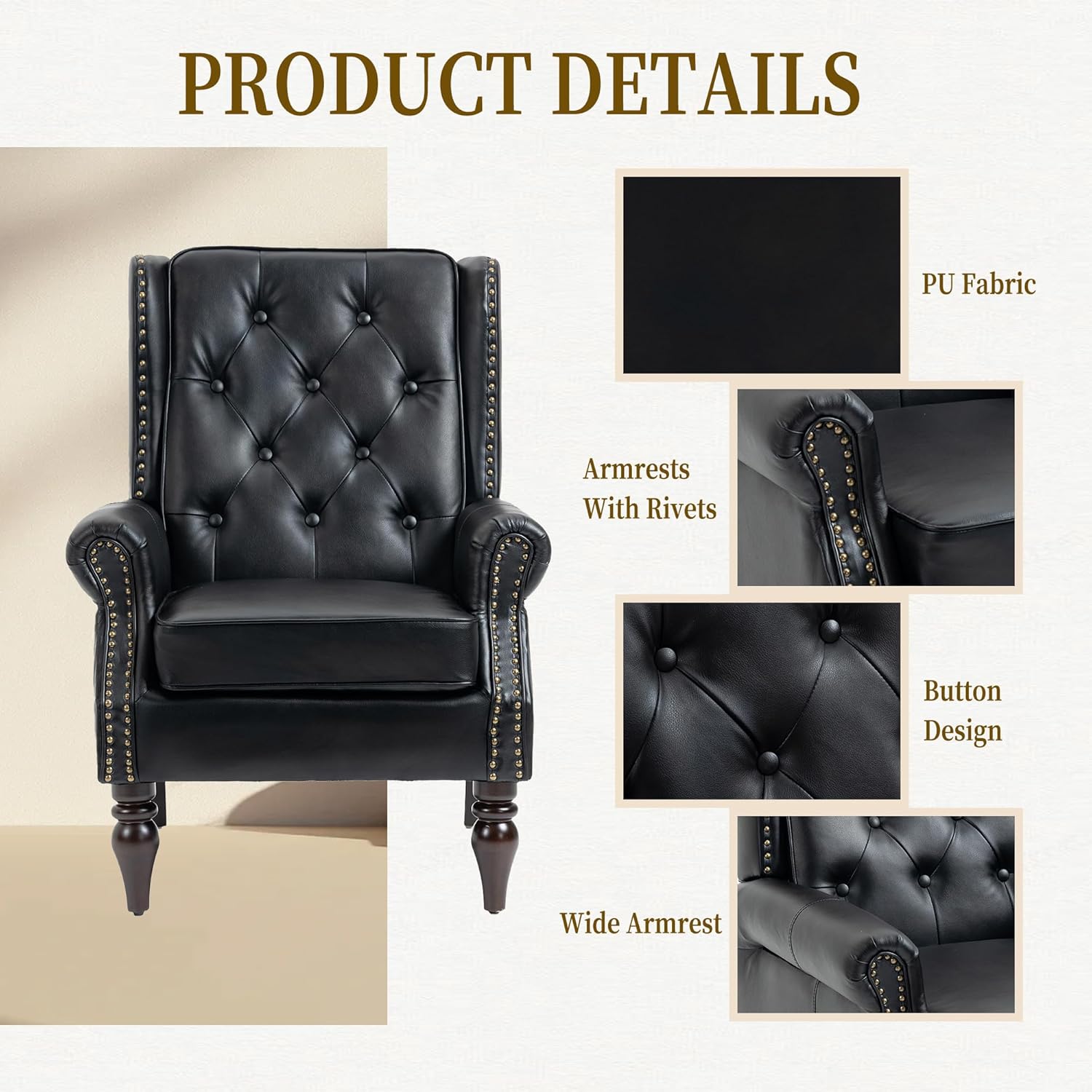 High Back Armchair Mid Century Modern Accent Chair Living Room, Living Room Chair PU Leather Barrel Chair with Buckle and Rivet Decor, Wood Frame Sofa Chair for Bedroom (Black)