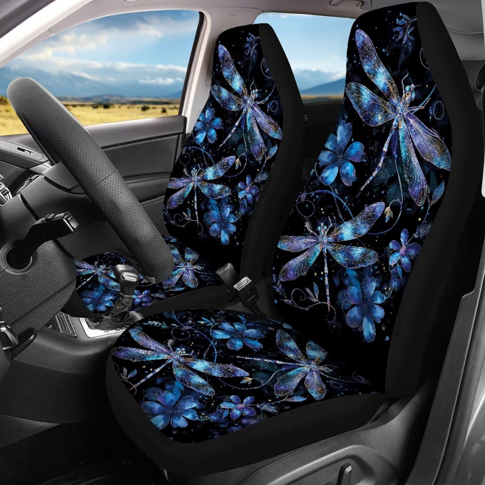 BIGCARJOB Purple Dragonfly Auto Seat Covers Full Set,2 Pcs Art Dragonfly Car Front Seat Protector+2 Pcs Back Seat Covers Travel Pet Dog Blanket Auto Interior Accessories Decor