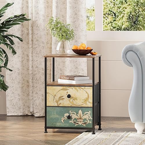 Tohomeor Mesita de noche con estación de carga, salida USB y luz LED, mesa auxiliar con 2 cajones de tela, estante de almacenamiento abierto para