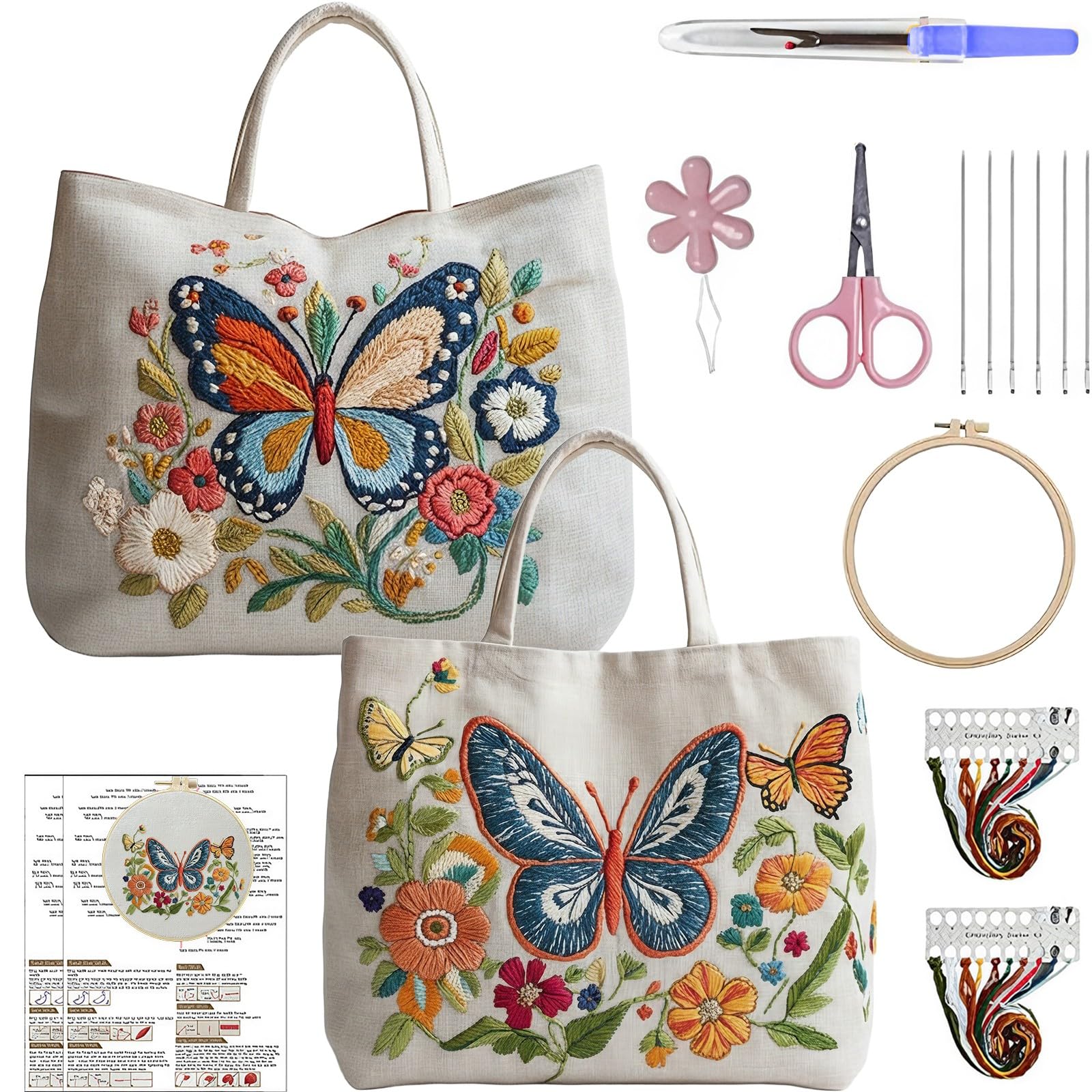 Lebartm 2Pcs Embroidery Tote Bag Embroidery Kit for Beginners Cross Stitch Handbag Butterfly Patterns with Hoop Needle Threads Fabric Reusable Grocery Bag for Women-01 — image 1