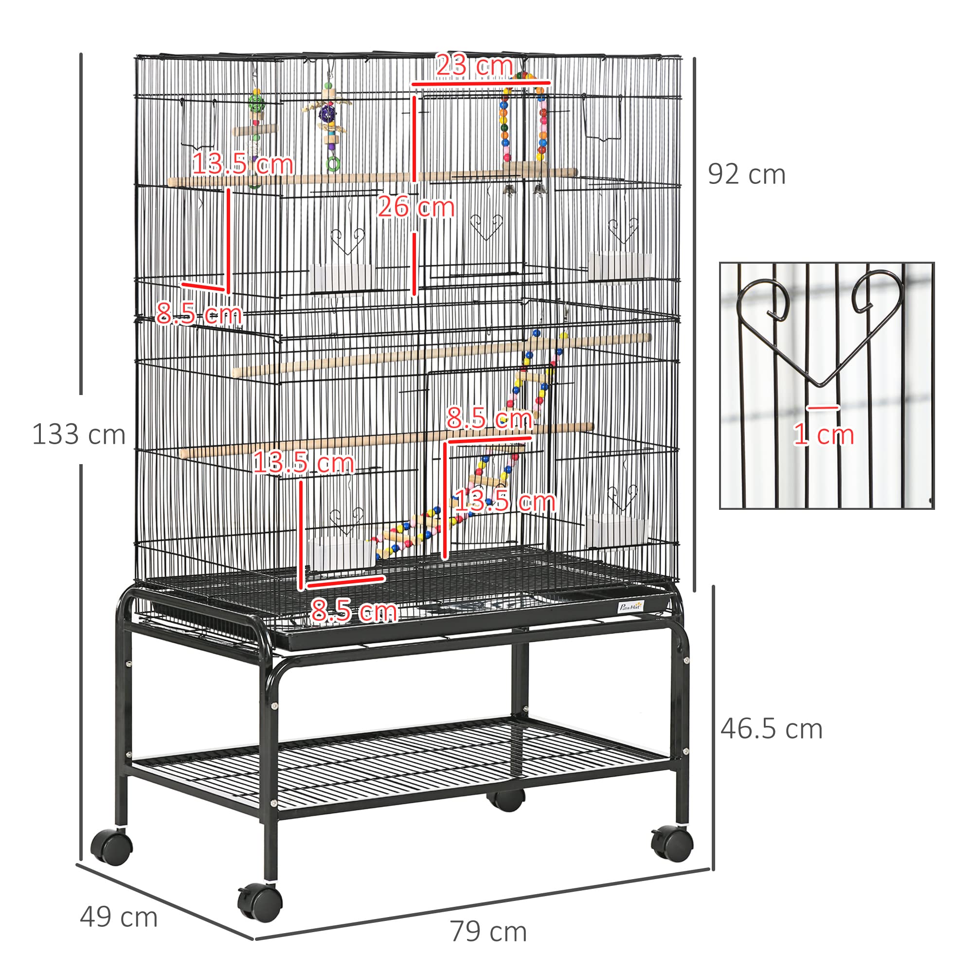 PawHut Gabbia per Uccelli 133 cm, Voliera per Cocorite, Calopsite, Canarini, Inseparabili, Fringuelli con Ruote, 4 Contenitori, Giochi, Vassoio Rimovibile, Ripiano, Nero