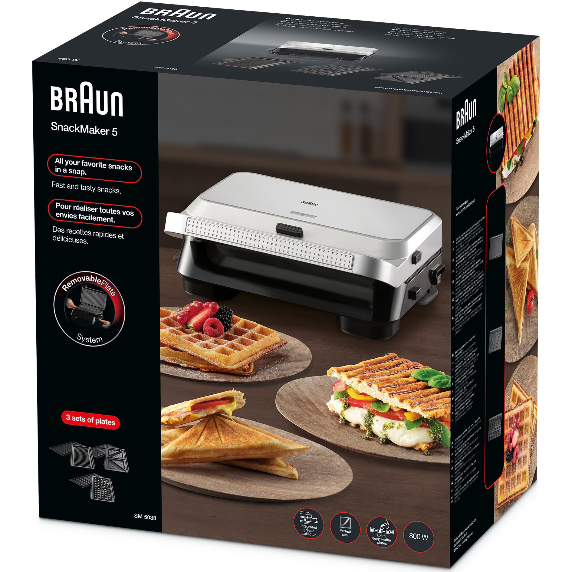 Braun SnackMaker 5 SM5038, Grill mit Sandwich- und Waffelplatten, Waffeleisen mit Aluminiumgussplatten, Abnehmbare Platten und Auffangschale, Spülmaschinengeeignet, 800W, Silber