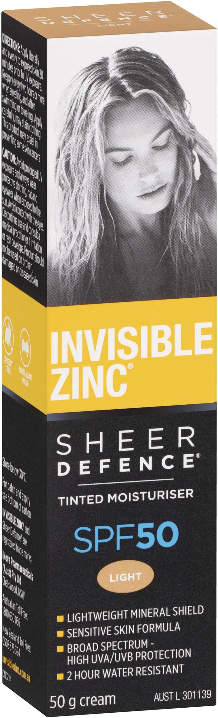 Invisible Zinc Sheer Defence Tinted Light - Daily Facial Moisturizer With Sun Protection SPF 50 To Prevent The Appearance Of Premature Aging Caused by Harmful UV Rays - 50g