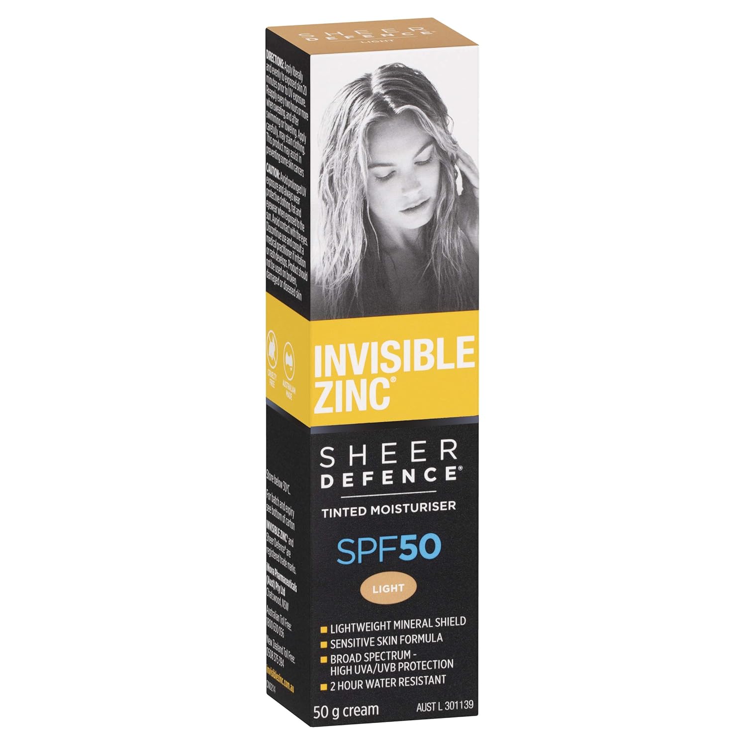 Invisible Zinc Sheer Defence Tinted Light - Daily Facial Moisturizer With Sun Protection SPF 50 To Prevent The Appearance Of Premature Aging Caused by Harmful UV Rays - 50g