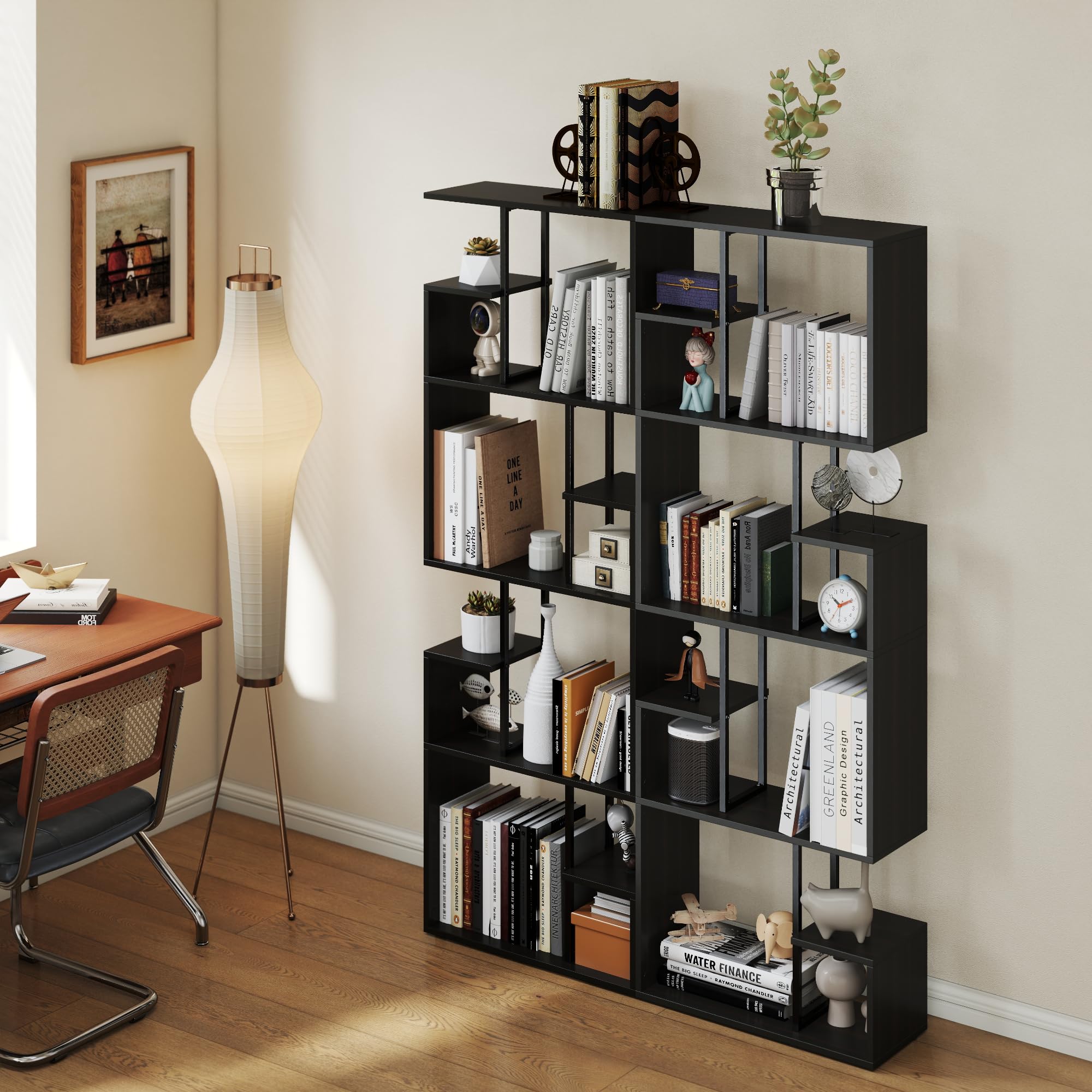 Manora Librería Estanteria con Almacenamiento, Librería En Forma De S De 4 Niveles, Estantes para Salón, Dormitorio, Estudio, 60 x 24 x 174cm, Negro y marrón (Negro y marrón, 60 x 24 x 174cm, 4)