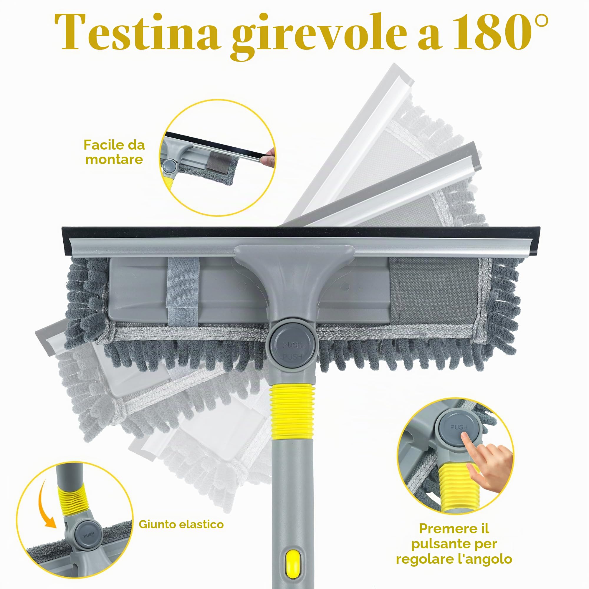 JEHONN Lavavetri con Manico Telescopico 163 cm, Pulisci Vetri Finestre Professionale, Tergivetro in Silicone con Tampone Microfibra e Tapis Chenille, Tergipavimento per Pareti di Vetro Bagno Auto