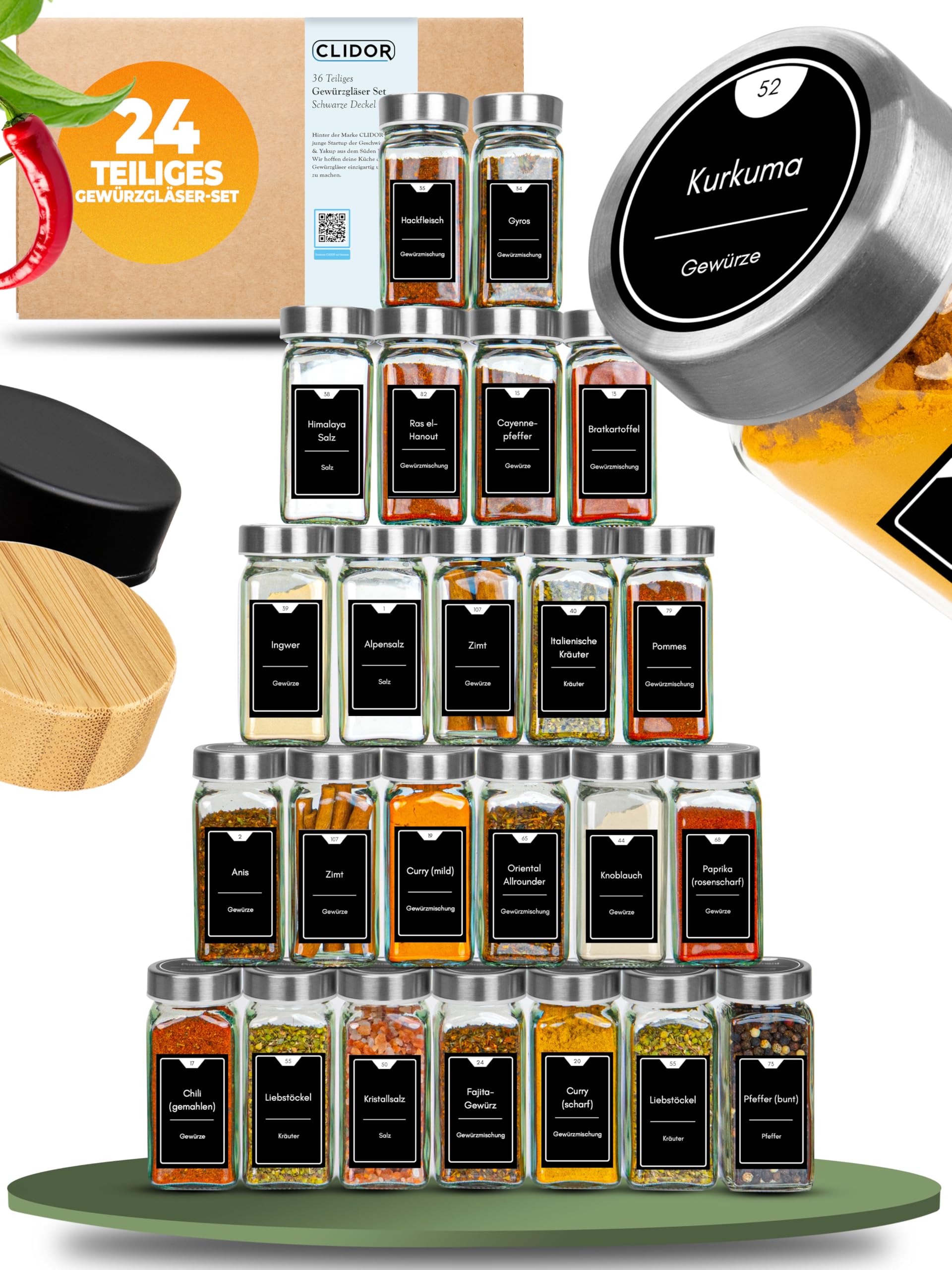 CLIDOR Gewürzgläser eckig [24 x 125ml], Luftdichte Gewürzgläser mit Streueinsatz + 248 wasserfeste Gewürzetiketten, Gewürz Organizer & Gewürzdosen, Gewürzstreuer zum Nachfüllen, Deckel aus Edelstahl