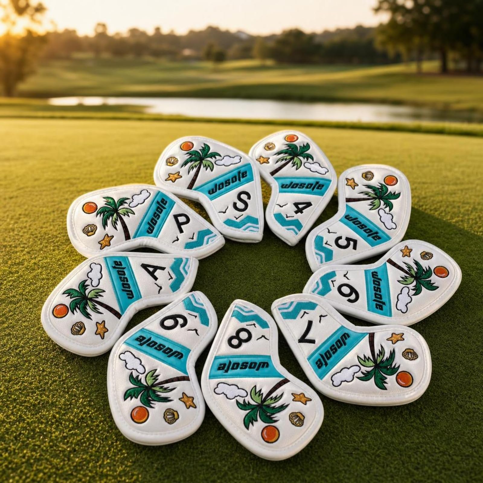 Funda para Hierro de Golf Cubierta Protector Capucha Accesorio con Material PU Resistente y Acolchado Diseño Bordado de Palmeras Marca del Palo Visible Adecuada para Transporte Juego Práctica