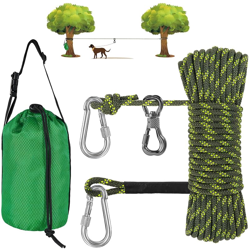 Guia de contenção para cães XiaZ com sistema de guia aérea e corda refletiva, até 91 kg, 15,24 m, Olive