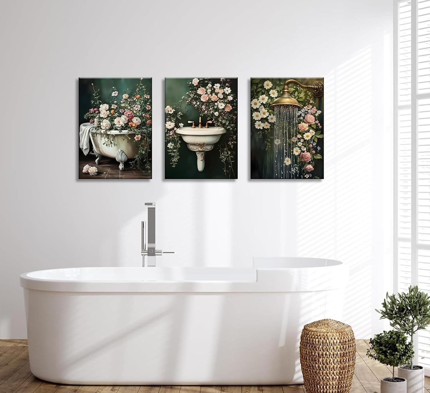3Pcs Framed Romantic Vintage Floral Bathroom Wall Art Canvas Posters Prints Pictures Bathtub Sink Shower Paintings Wall Decor for Home Decoration