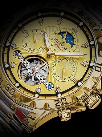 Poedagar Luxury Automatic Mechanical Watch Tourbillon Waterproof Luminous Date Week Men Wristwatch Stainless Steel Men's Watches, Yellow