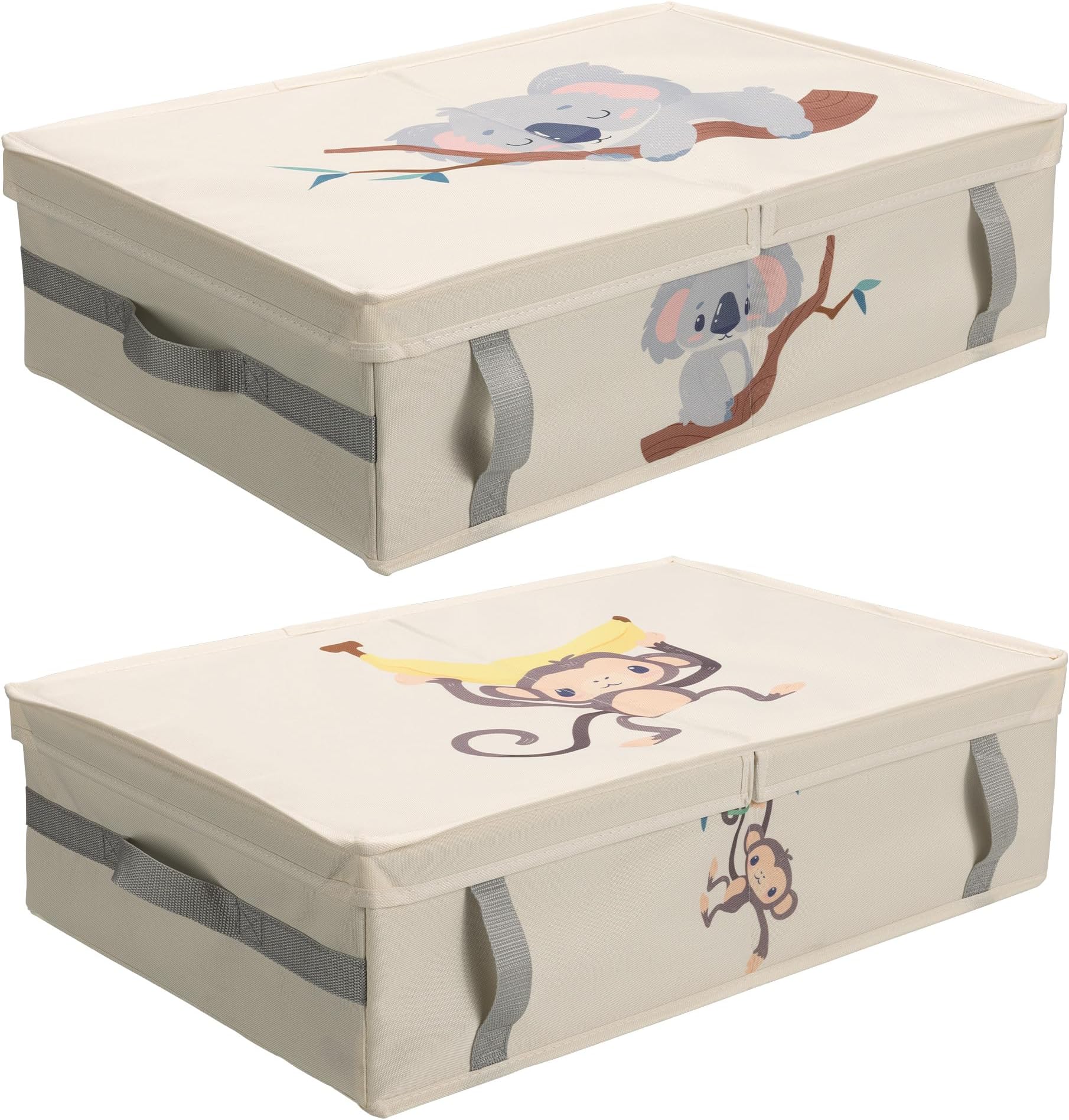 Underbed Storage Boxes with Lids, Set of 2 - Under the Bed or Cot Organiser Box for Kids - Ideal Toy, Linen, Clothes & Shoe Drawers - Easy-Pull Handles, Lid & Animal Design