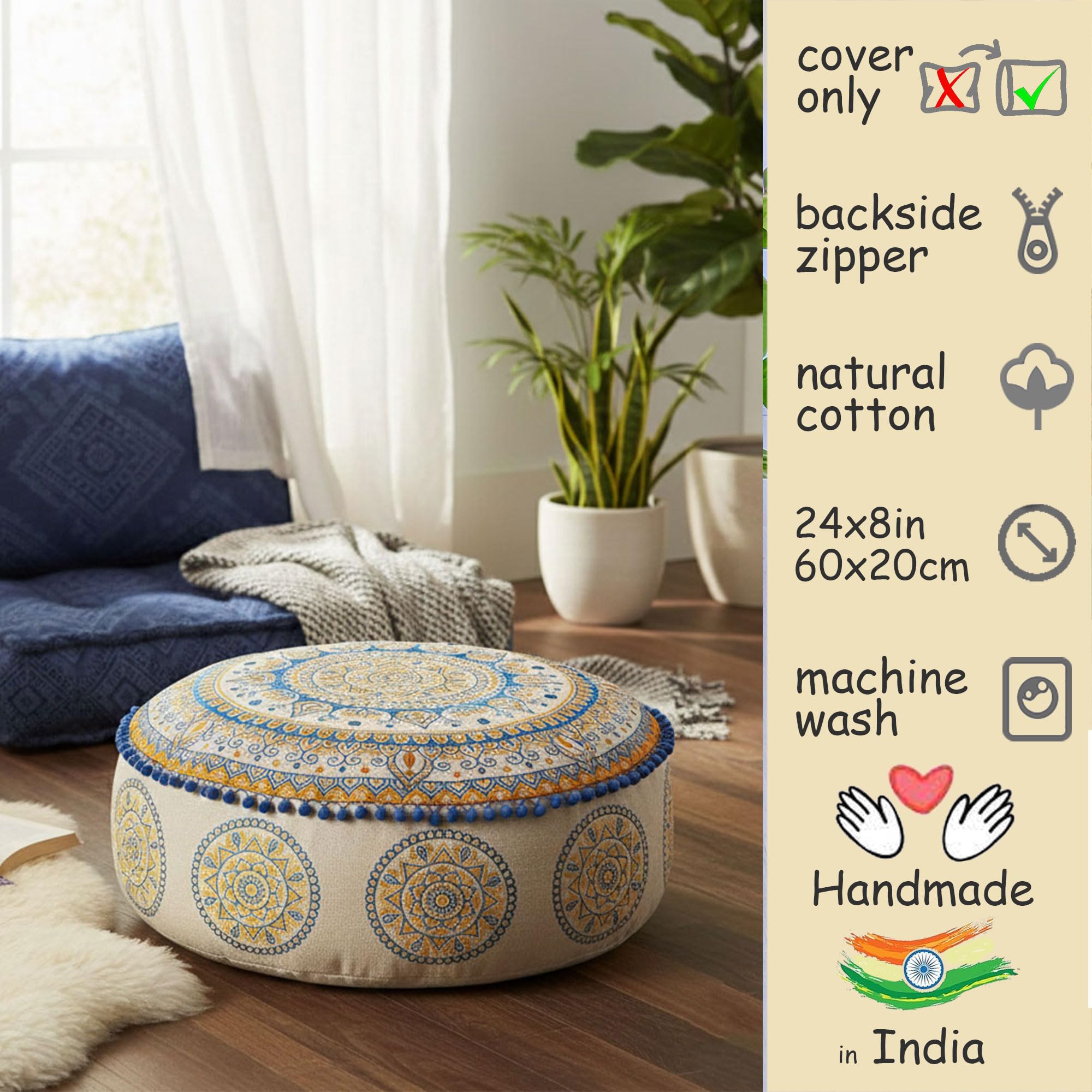 Boho Pouf Cover Set Bohemian Décor Large Floor Cushions Moroccan Throw Pillows K