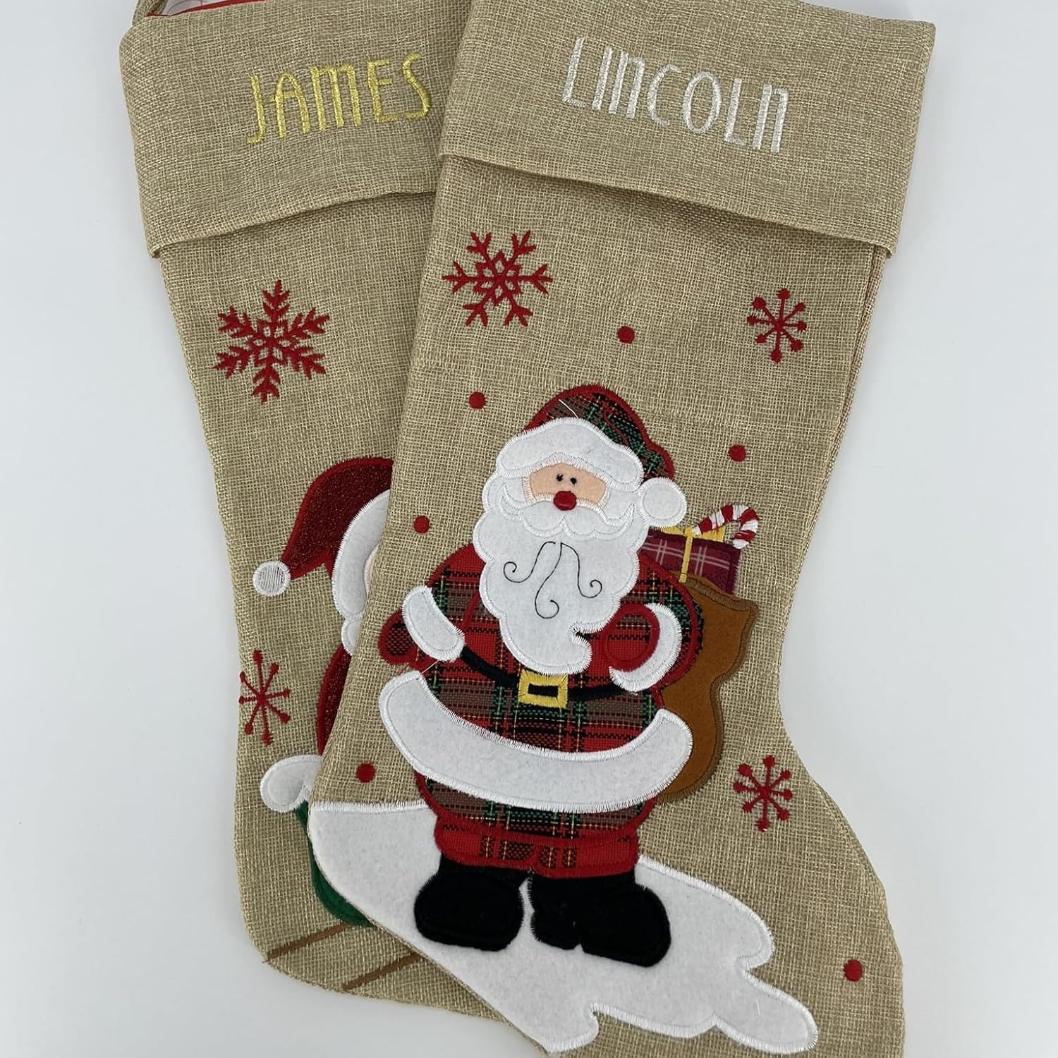 Personalized Christmas Stocking – Santa, Reindeer, Sled- Modern Design - Burlap, Embroidered Name - Large 18.5inch, Beige Color, Family Holiday Season Décor, Custom Stockings for Kids (Reindeer)