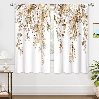 Tan Eucalyptus Botanical Leaves Floral Window Curtains Watercolor Yellow Flower Plant Wildflower Farmhouse Fall Curtain Drapes Herb Curtains for Bedroom Living Room Treatment 42Wx45H Inch
