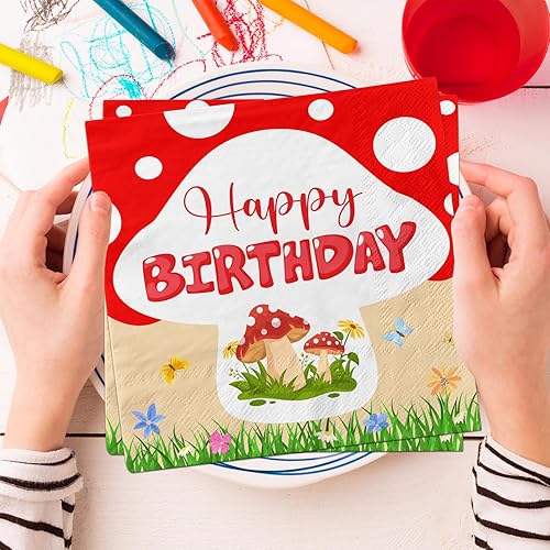 Miniatura 4 de Servilletas de cumpleaños de hongos  40 servilletas desechables para niños y fiestas temáticas de hongos
