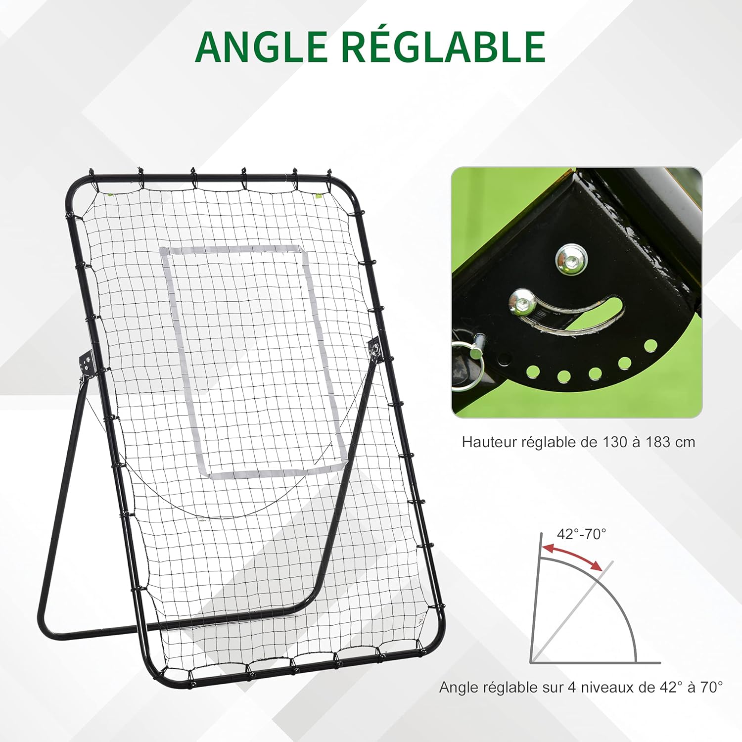 Diagram showing the adjustable angle of the rebound net from 42 to 70 degrees and adjustable height from 130 to 183 cm.