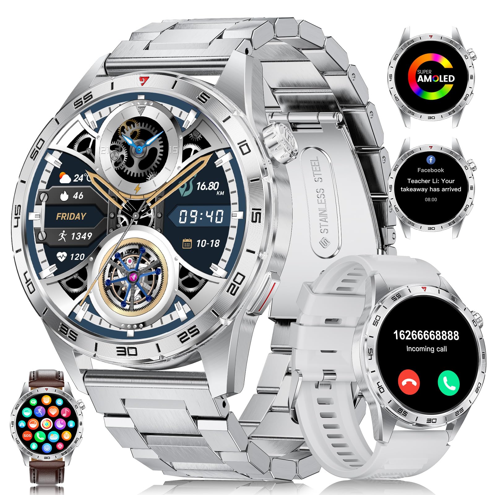 LIGE Smartwatch Uomo con 3 Cinturini, Batteria 400mAh 1.43" HD AMOLED Orologio Smartwatch con Chiamate Bluetooth, 113 Modalità Sport, 24H Cardiofrequenzimetro Sonno, IP68 Smart Watch per Android iOS