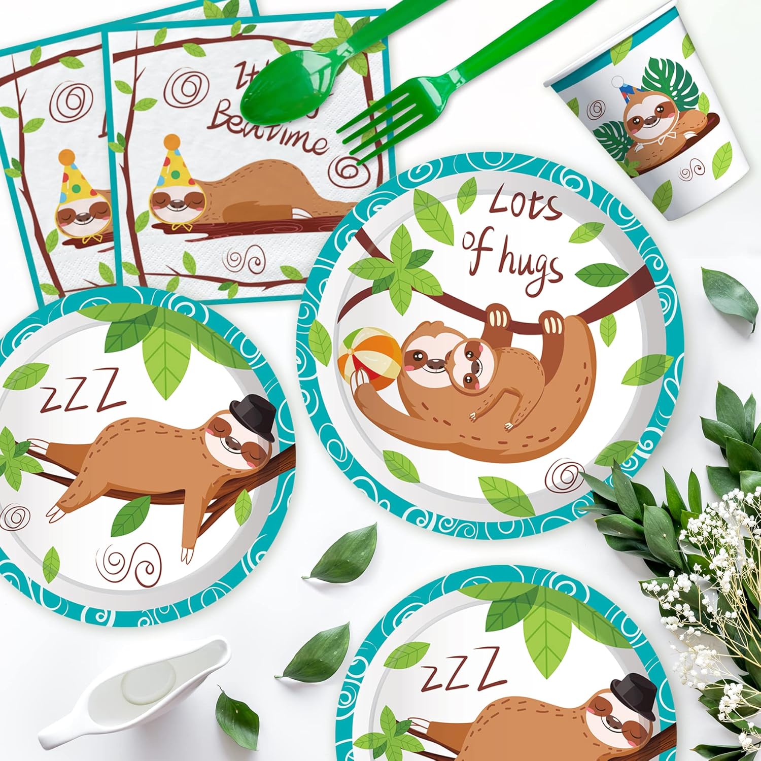 Sloth Birthday Party Supplies - Sloth Party Decorations Tableware, Plate, Cup, Napkin, Tablecloth, Cutlery, Straw, Animal Theme Birthday Baby Shower Decorations Dinnerware | Serve 24
