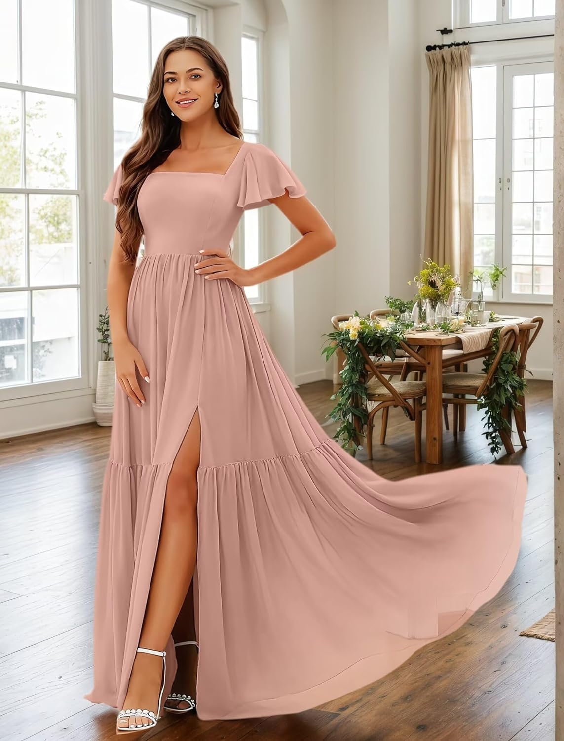 Chiffon Bridesmaid Dresses Square Neck Mother of Bride Gowns Thigh Slit Formal Prom Evening Dress with Sleeves - Image 5
