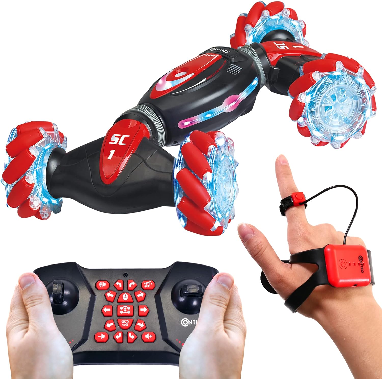 Contixo SC1 Remote Control Car, Red 2.4GHz 4WD Hand Motion 1:12 Scale RC Stunt Cars Gesture Sensor, 360° Spins, Side Drifts, Double-Sided Driving, and LED Lights Off-Road Vehicle for Kids & Adult