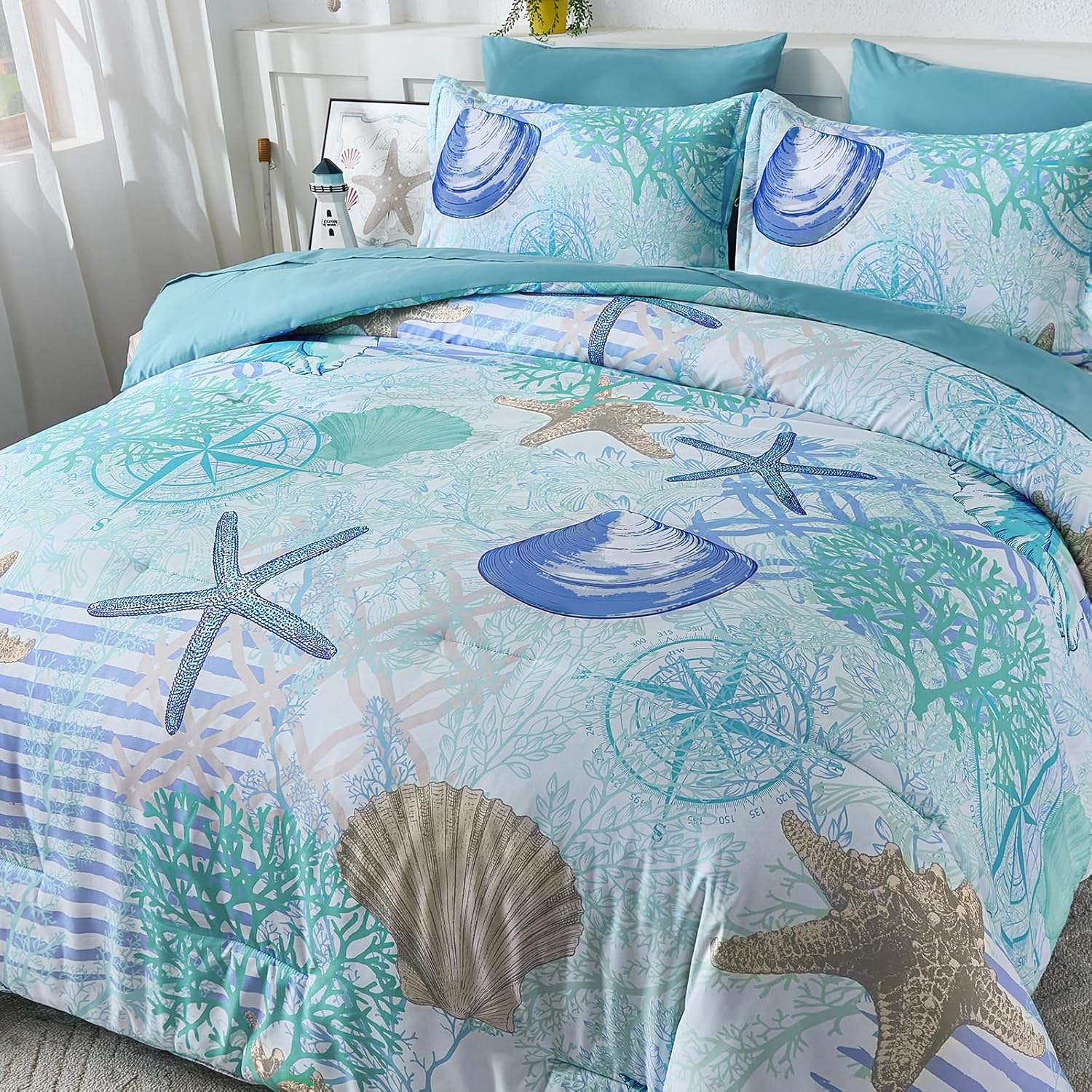 Xruibed Coastal Comforter Set Queen Size, Beach Coral Themed Bed in a Bag, 7 Pieces Ocean Nautical Seaweed & Starfish Soft Summer Comforter Bedding Sets for All Seasons(90"×90")