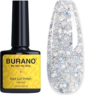 BURANO Glitter Gel Nail Polish with LED UV Curing, Sparkle Gel Holographic Effect, Soak off, No Chip Home DIY Salon (Silver LP19)