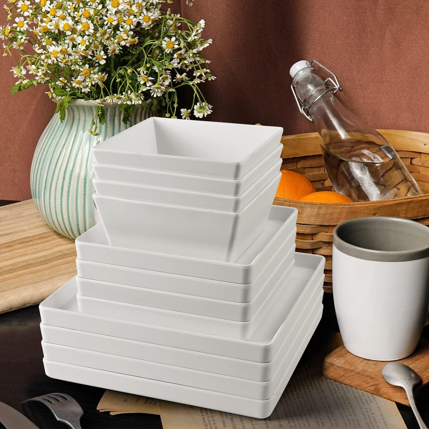 12 Piece Square Melamine Dinnerware Sets for 4 - Plastic Matte White Plates and Bowls Sets Best for Indoor Outdoor Grill Holiday Party Camping BPA-Free Dishwasher Safe - Image 5