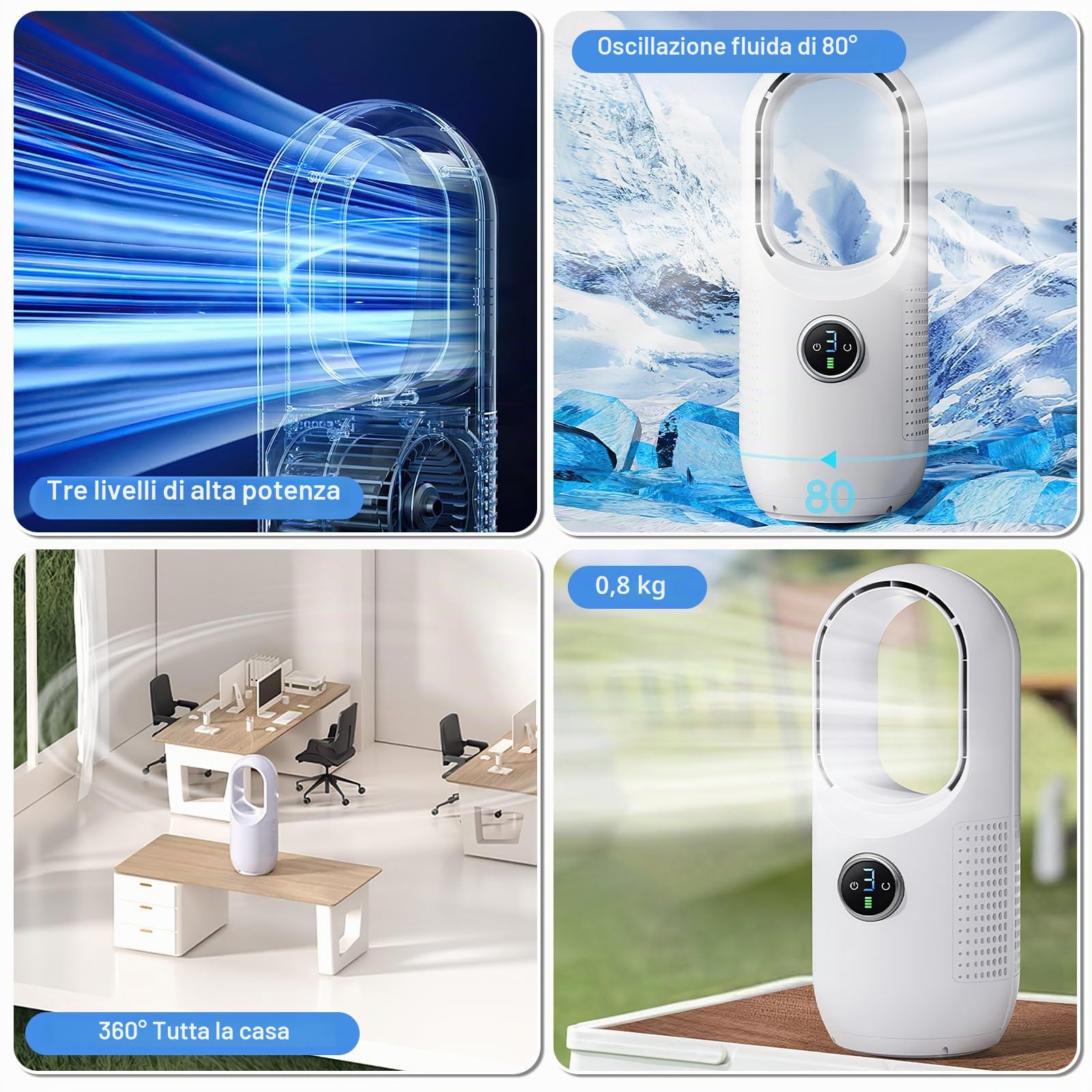 JOPWUE Ventilatore senza pale silenzioso senza fili,purificatore d'aria,ventilatore colonna,controllo tattile,3 velocità, oscillazione 80°,4000Mah,ricarica USB,per ufficio, soggiorno, camera da letto